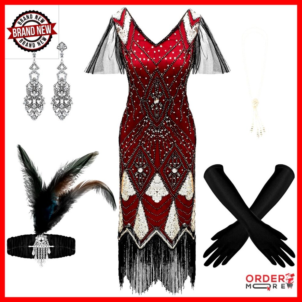Vintage Flapper Dress Set With Accessories, 4 Sizes, Sequin Fringe